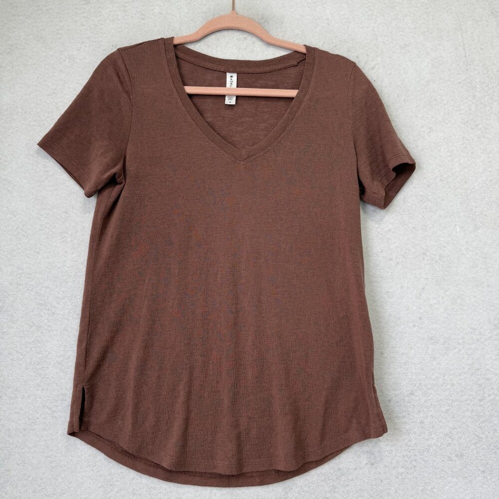 Athleta Shirt Womens Small Brown Short Sleeve V Neck Lightweight Athletic Top